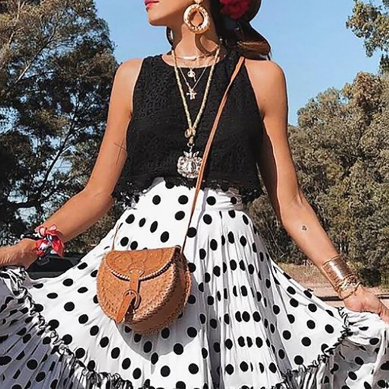 LASPERAL 2020 Draped Dots Print Women Long Skirts High Waist Bohemian Long Skirts Holiday Beach Wear Plus Size S-5XL Maxi Skirt