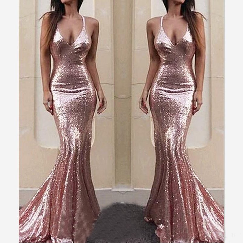 Sexy Spaghetti Strap Pink Sequined Prom Dresses 2019 Backless Long Pageant Evening Dress For Women Vestidos De Gala