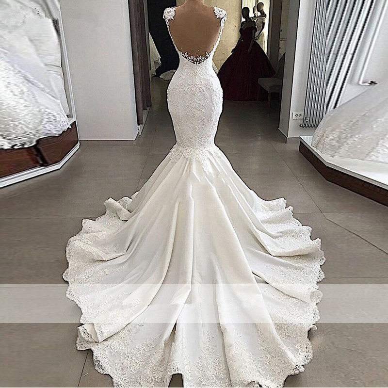 Illusion Back Mermaid Wedding Dresses 2020 Luxury Lace Beaded Pearls Ruffles Court Train Garden Wedding Gown Vestido de Novia