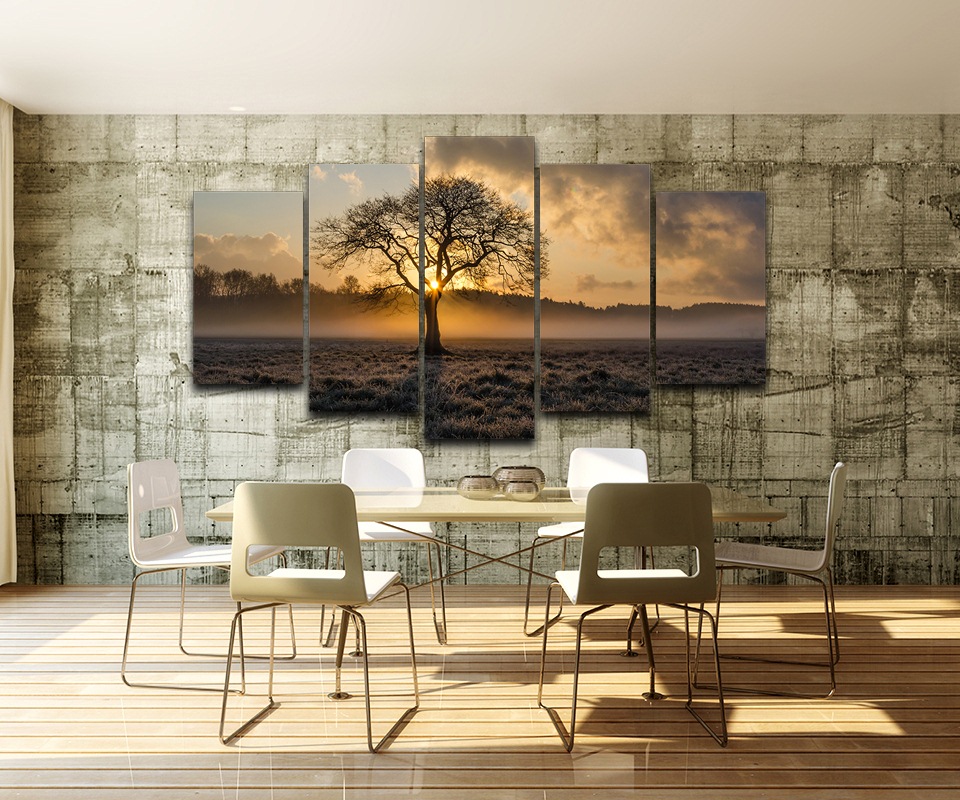 Canvas Painting Vintage Wall Art Frame Printed Pictures 5 Panel Poster Sunrise Tree Landscape Photo For Living Room Decor No Frame