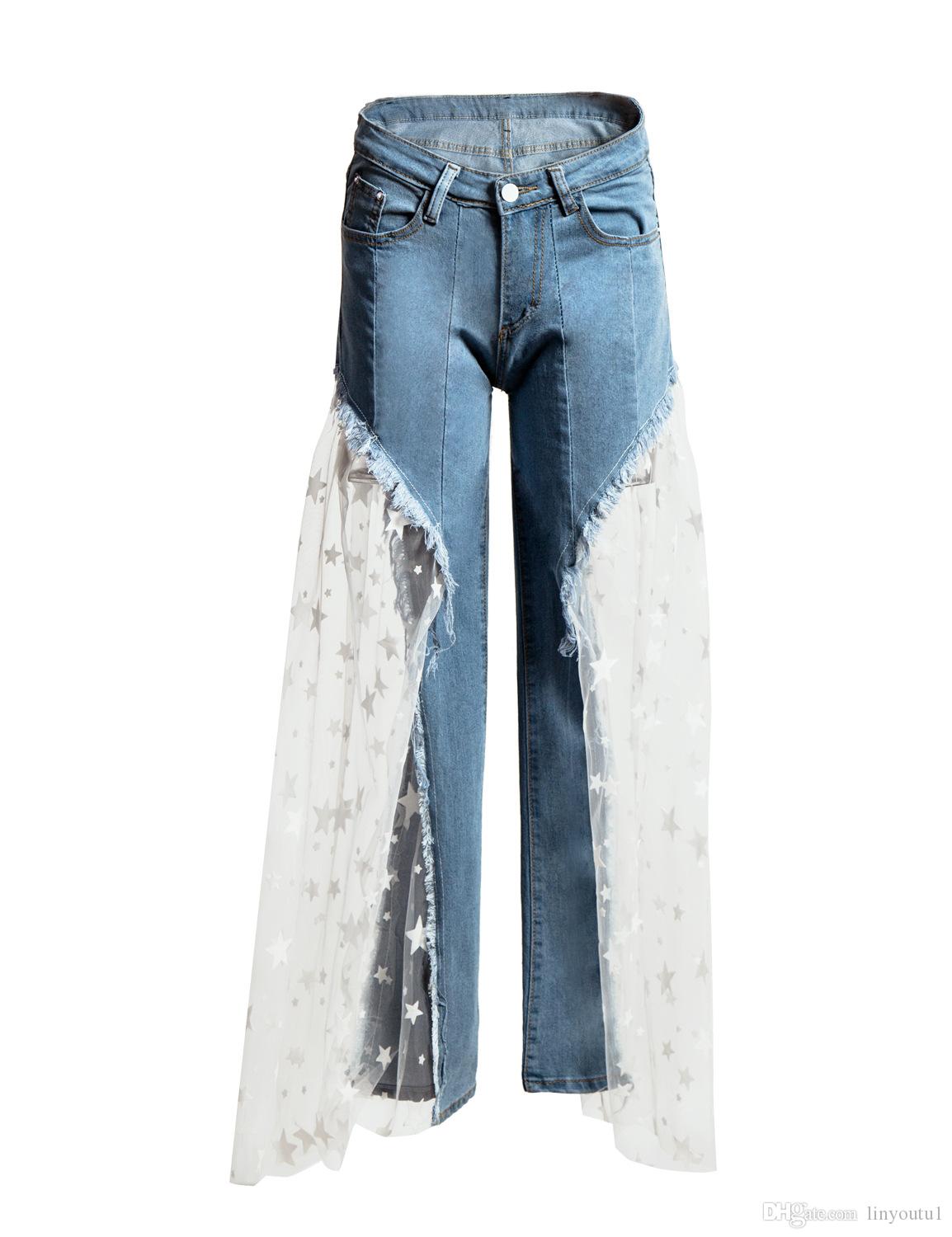 2020 Sexy Women Wide Leg Pants Sheer Mesh Star Print Splice Denim Pants High Waist Casual Loose Pants Jeans Fashion Party Trousers