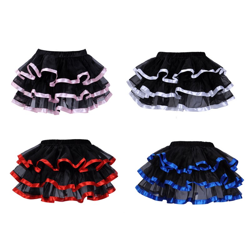 Black Mesh Ruffles with Satin Trim 3-Layer Adult Women Pettiskirt Tutu Mini Skirt Party Dance Performance Clothes Big Plus Size S-6XL Multi