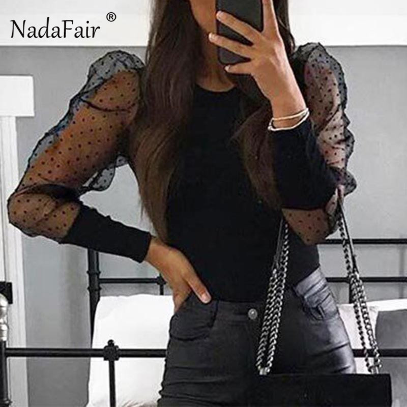 Nadafair Puff Long Sleeve Sexy Bodysuit Black Mesh Bodysuit For Woman Winter Bodycon Bodysuits OnePiece Pink Body Female
