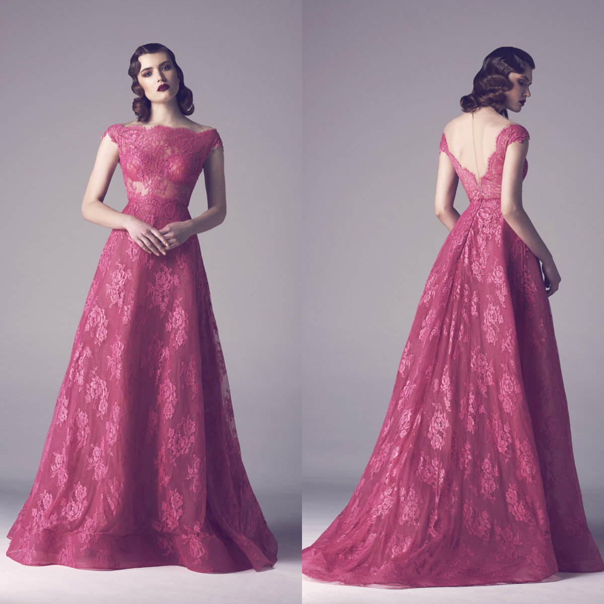 Fadwa Baalbaki Long Party Evening Dresses Vestido de Festa A Line Prom Dresses Illusion Lace Appliques Bateau Neck Formal Gowns