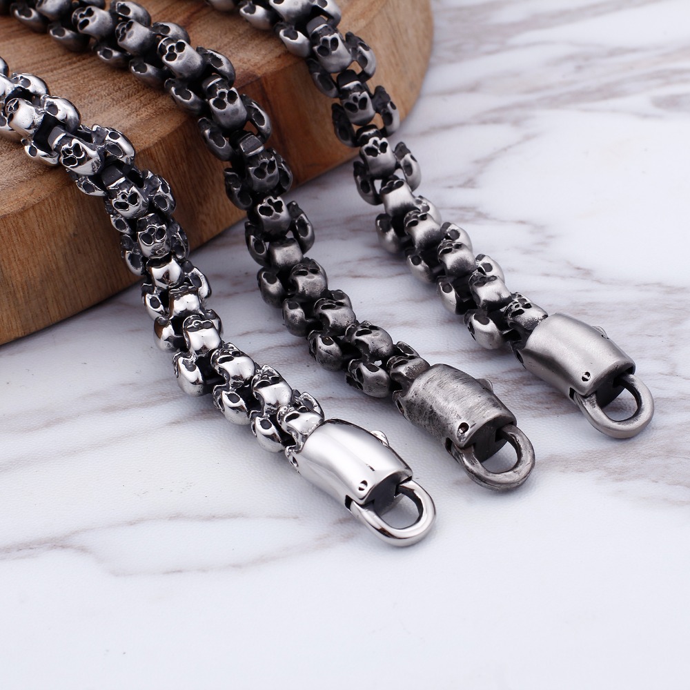 Punk Long Matte Skull Necklace For Men Women Gold Stainless Steel Brushed Viking Skeleton Charm Bike Biker Link Chain Necklace Male Gothic Jewelry
