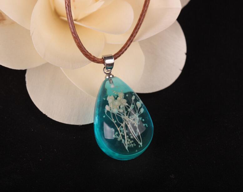 Resin Water Drop Dried Flower Stone Pendant Necklace Jewelry DJN73 mix order Pendant Necklaces jewelry