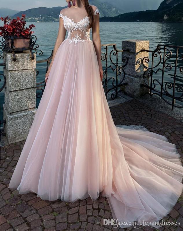 Sheer Short Sleeves A Line Wedding Dresses Modest Bridal Lace Appliques Tulle Chapel Train Long Vestidos De Soiree Beach Gowns