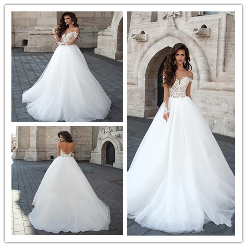 2019 New Designer Backless Wedding Dresses Sheer Crew Neck Long Illusion Sleeves Lace Appliques Cheap Long A-line Novia Bridal Gowns, Silver
2019 New Designer Backless Wedding Dresses Sheer Crew Neck Long Illusion Sleeves Lace Appliques Cheap Long A-line Novia Bridal Gowns, Silver