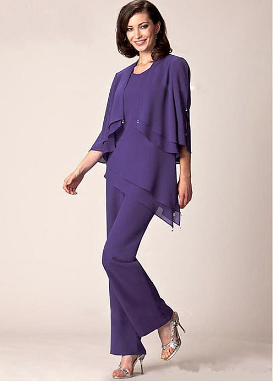 Purple Three Pieces Mother of the Bride Pant Suits For Wedding Jewel Neck Chiffon Wedding Guest Dress With Jackets Plus Size Formal Dresses