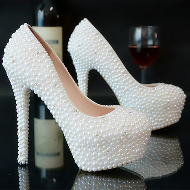 Glitter Wedding Shoes Pearls Beads Pumps High Heels Bridal Shoes Small Diamond 5cm 8cm 11cm 14cm Bling Bling Prom Shoes for Lady