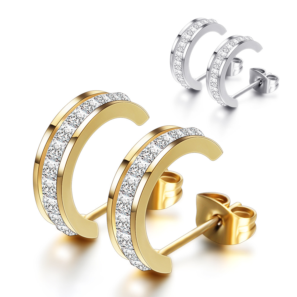 Fashion Titanium Steel Stud Hoop Earrings New Style White Zircon 18k Gold Plated Earring Jewelry Wholesale