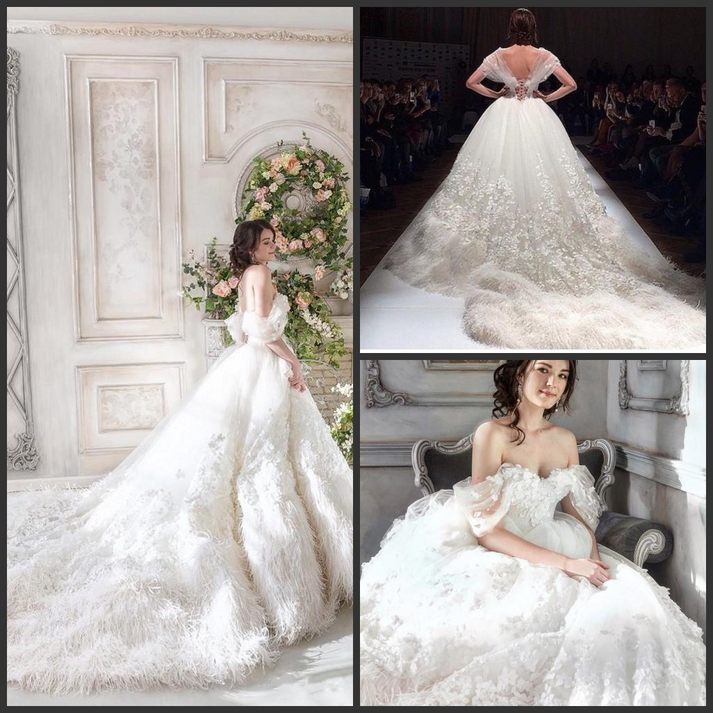 2019 New Lace Ball Gown Wedding Dresses Monique Lhuillier Off Shoulder Backless Bridal Gowns Sweep Train Long Appliqued Dress For Bride