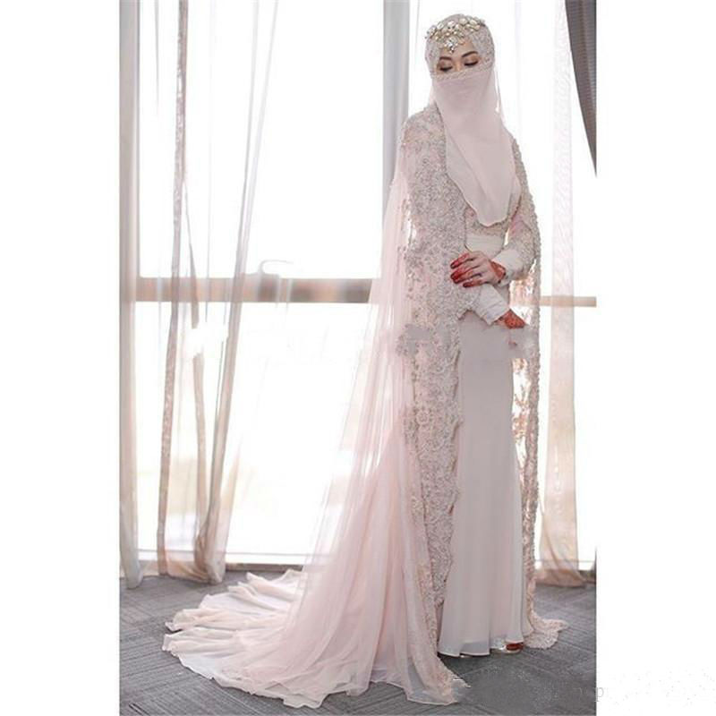 2019 Muslim Wedding Dresses High Collar Custom Made Chiffon Mermaid Wedding Dress with Lace Applique Beaded Wrap Plus Size Bridal Gowns