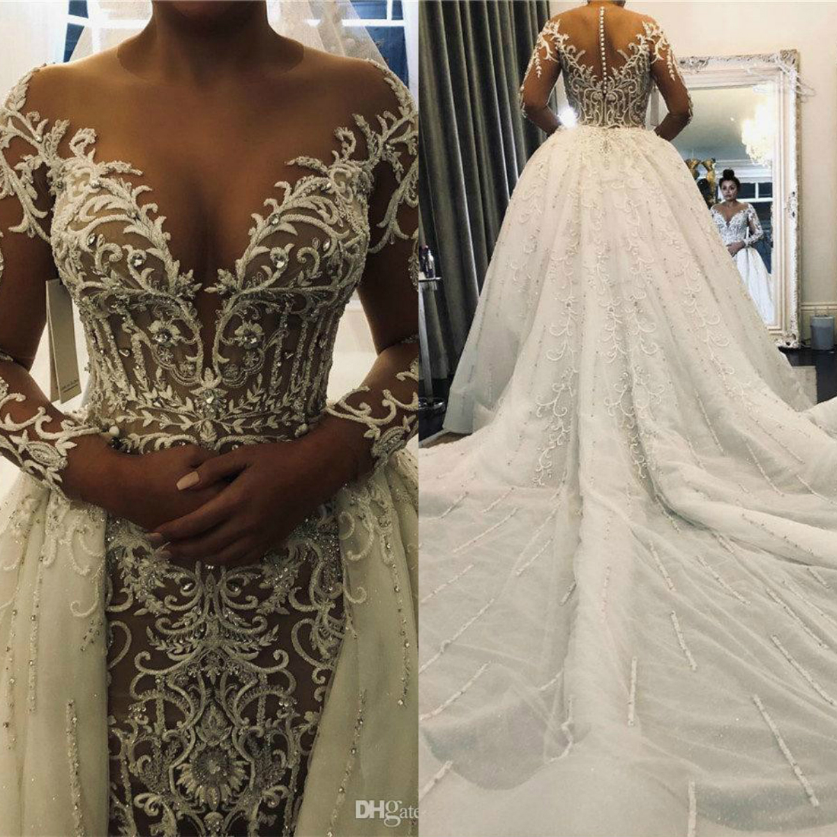 sexy mermaid wedding dresses crystal beaded lace illusion long sleeve detachable train bride gowns custom made wedding gown