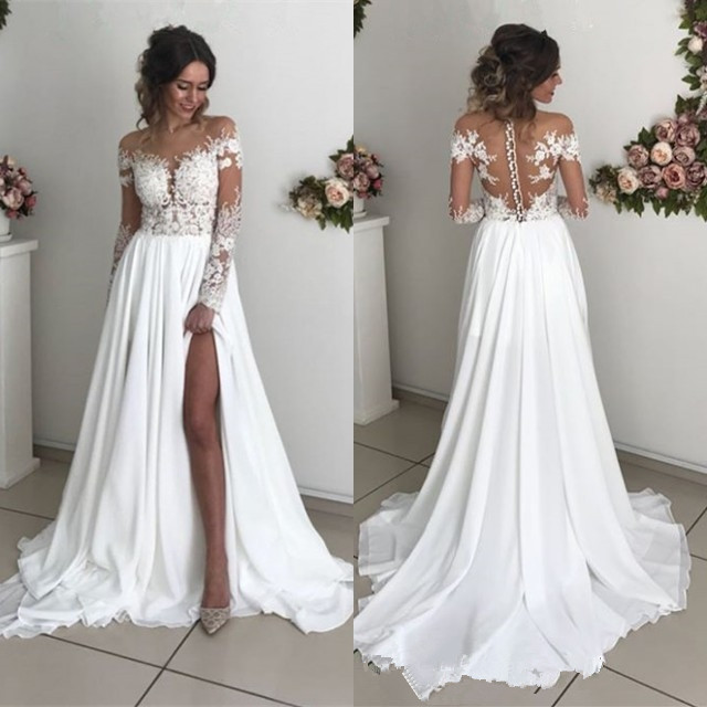 2019 Lace Chiffon Beach Bridal Gowns With Slit Glamorous illusion Long Sleeve Flowy Skirt Summer Holiday Country Wedding Dresses