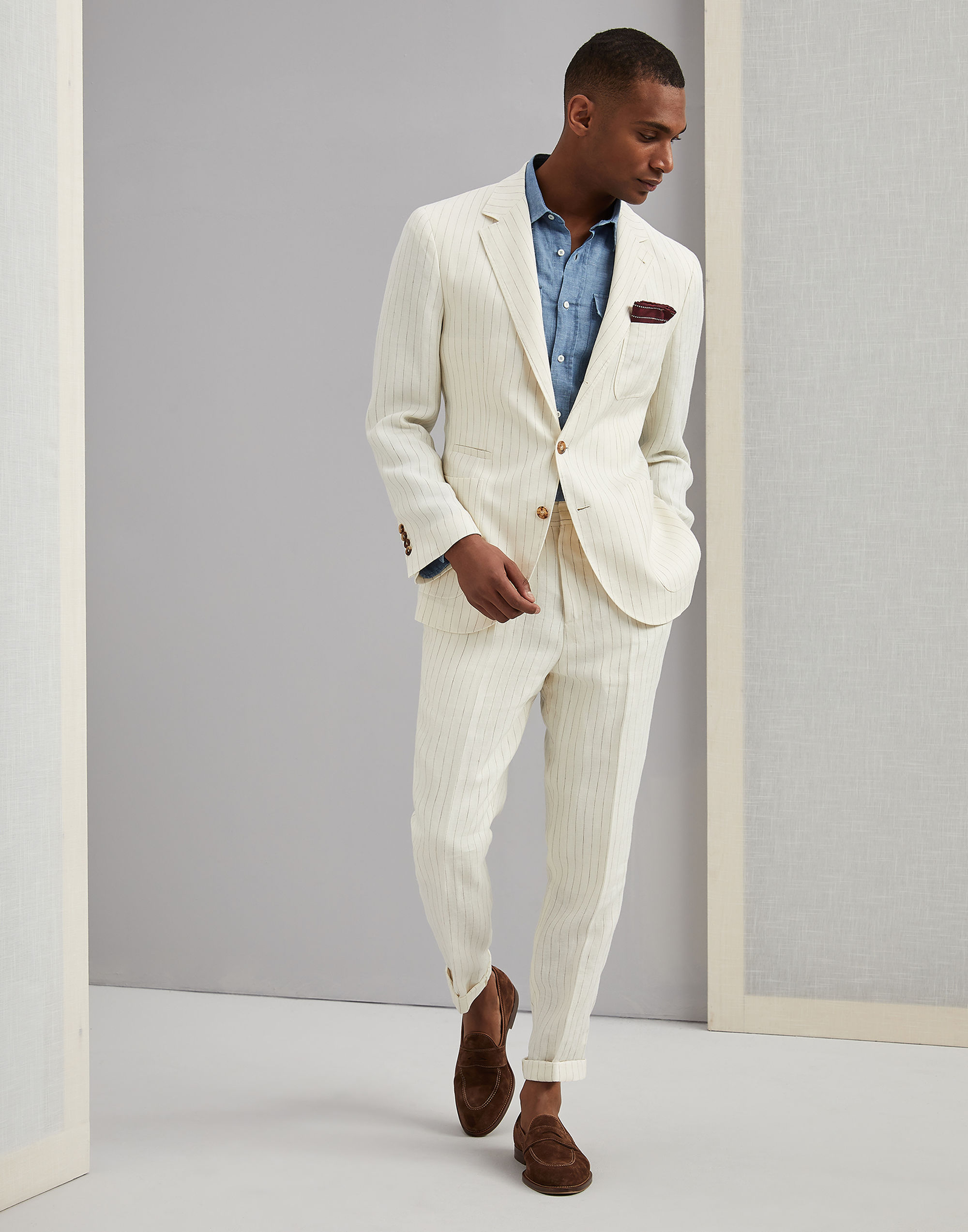 Ivory White Pinstripe Groom Tuxedos Mens Wedding Peaked Lapel Pants Suits Best Men Jacket Blazer Prom/Dinner 2 Pieces (Jacket+Pants)