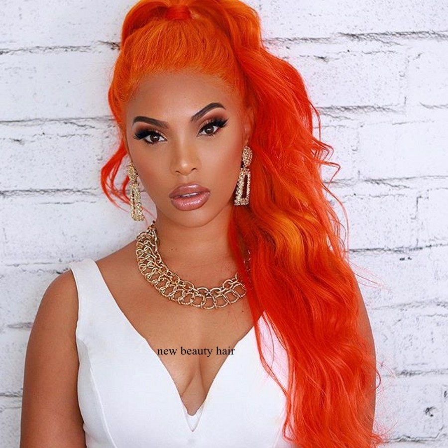 New celebrity style Orange Color Hair Wigs Natural Long Wave brazilian hair Wigs Heat Resistant Synthetic Lace Front Wigs for women