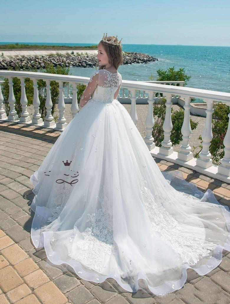 Beautiful Kids White Princess Wedding Dresses Lace Appliques Pearl Long Sleeves Girls Pageant Gown Tulle Flower Girl Dress 0521