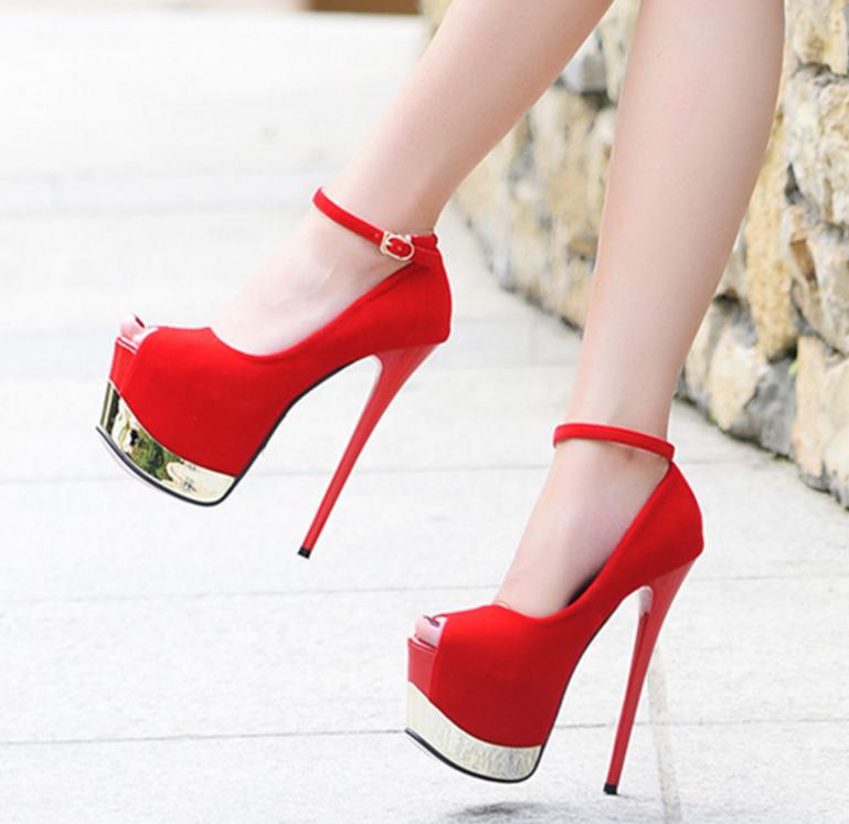 Hot Sale-16cm Ultra High Heels Black Red Synthetic Suede Ankle Strap Super Platform Pumps Prom Night Club Shoes Size 34 to 39