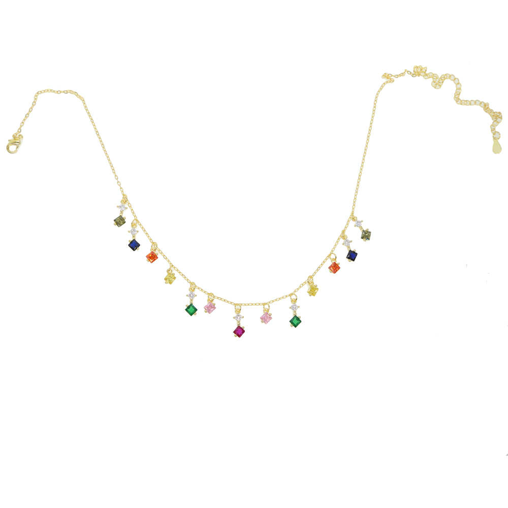 Gold plated rainbow cz drop charm necklace 2019 new bright colorful fashion jewelry choker statement collar necklaces