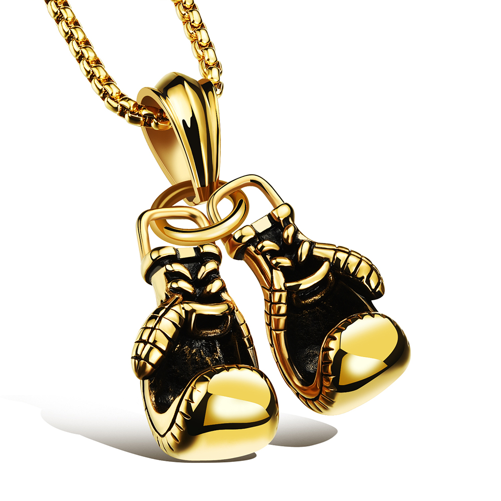Cool Sport Fitness Pair Boxing Glove Pendant Necklace Stainless Steel Workout Jewelry Gold Plated New Men Necklace Charm Pendants