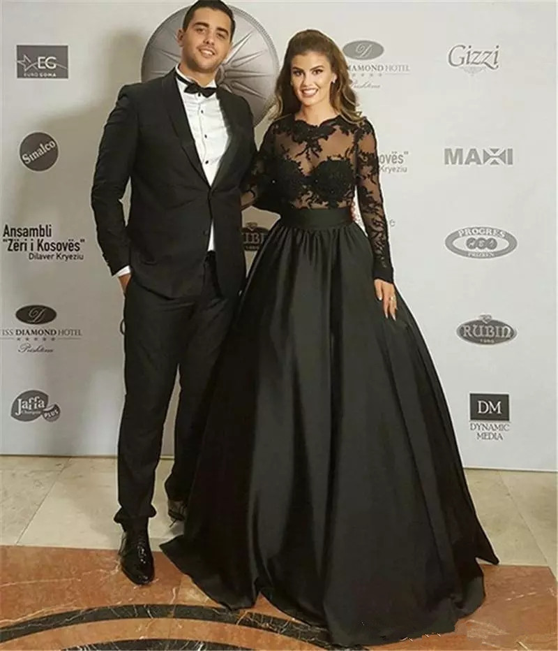 Black Lace Stain Prom Formal Dresses 2020 Illusion Long Sleeve See Through Arabic Robes De Soiree Celebrity Evening Party Dress