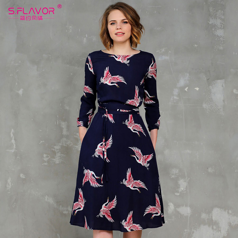S.flavor Casual Women Spring Summer A-line Dress O-neck Three Quarter Sleeve Knee-length Dress Female Elegant Printing Vestidos Y190514
