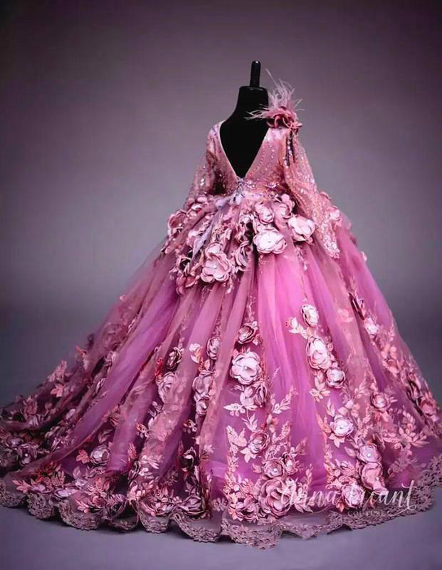 Chic Beaded Backless Little Girls Pageant Dresses Appliqued Lace Ball Gown Flower Girl Dress For Wedding Long Sleeves First Communion Gowns