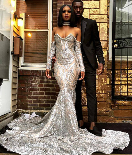sexy african black girls mermaid prom dresses sparkly silver long sleeve sequins ruched evening gowns vestido de gala