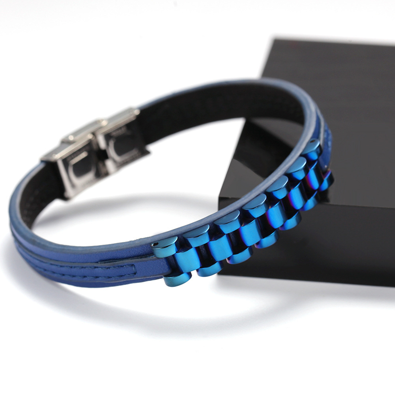 5 Colors for Options New Fashion Men Bracelets Gold Plated Stainless Steel Leather Bracelet for Men Nice Gift for Boy Friend