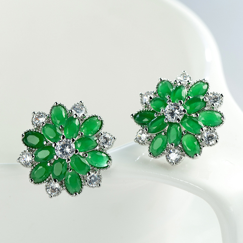 LuckyShine Trendy Women Ear clip colorful Cubic Zirconia Cz Flower 4 Color 925 sterling Silver plated Earrings 3 Pair/Lot Free Shipping