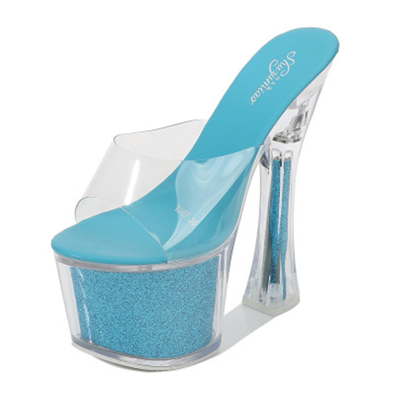 New 17 cm club car model shoes super high heels thick heel anti slippers, transparent crystal slippers, Black
New 17 cm club car model shoes super high heels thick heel anti slippers, transparent crystal slippers, Black