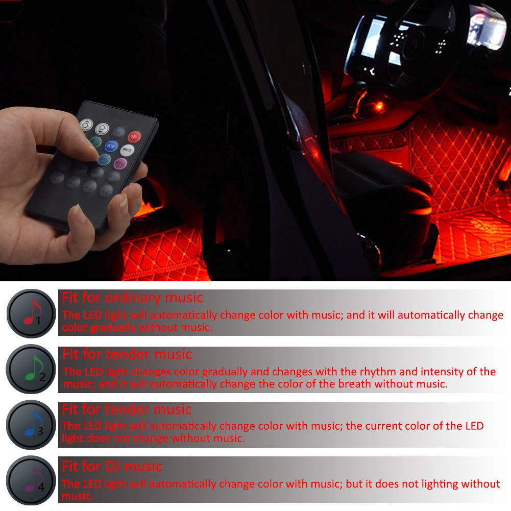 Car LED Strip Light 4Pcs 48 LEDs Multicolor Car Interior Light with Sound Active Function Wireless Remote Control Car Charger2019
