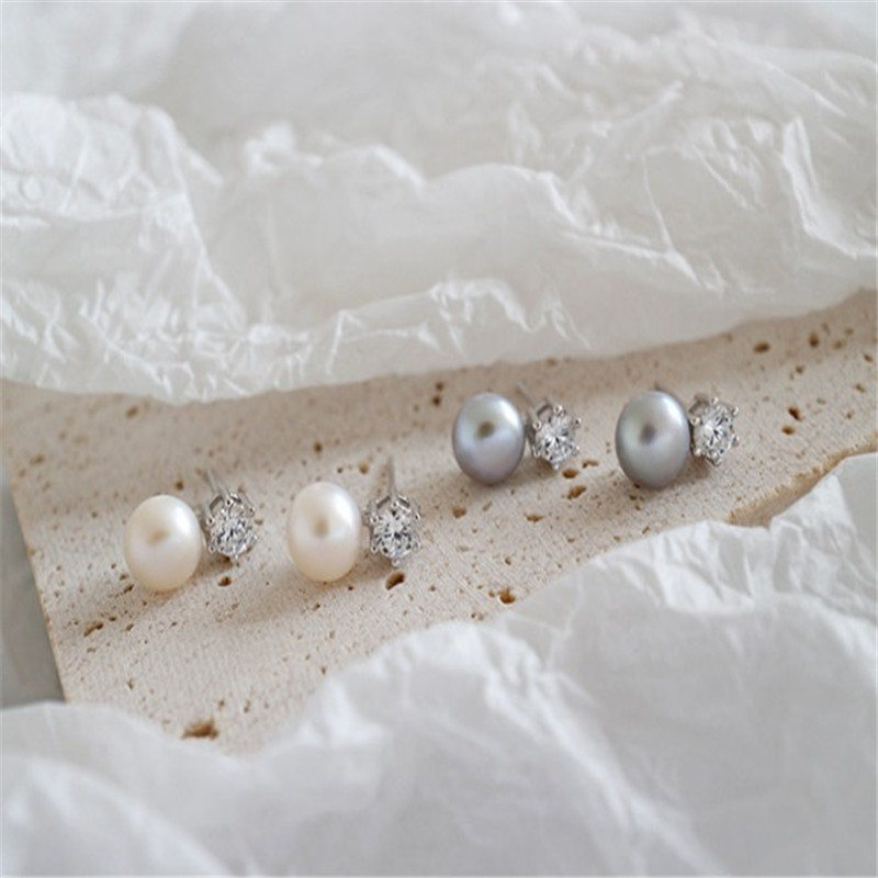 100% 925 Sterling Silver Zircon Earrings For Women Natural Freshwater Pearl Stud Earring Female Silver Fine Jewelry