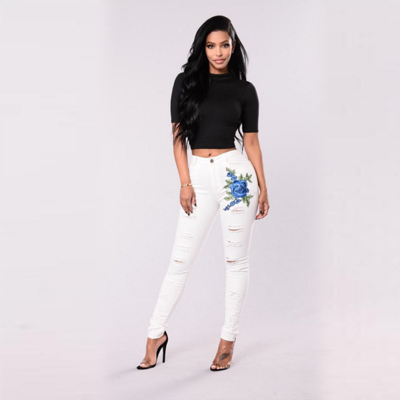 Wish Hot Sales WOMEN'S Pants Embroidery with Holes Beggar High Waist Jeans Foreign Trade Export Pencil Pants