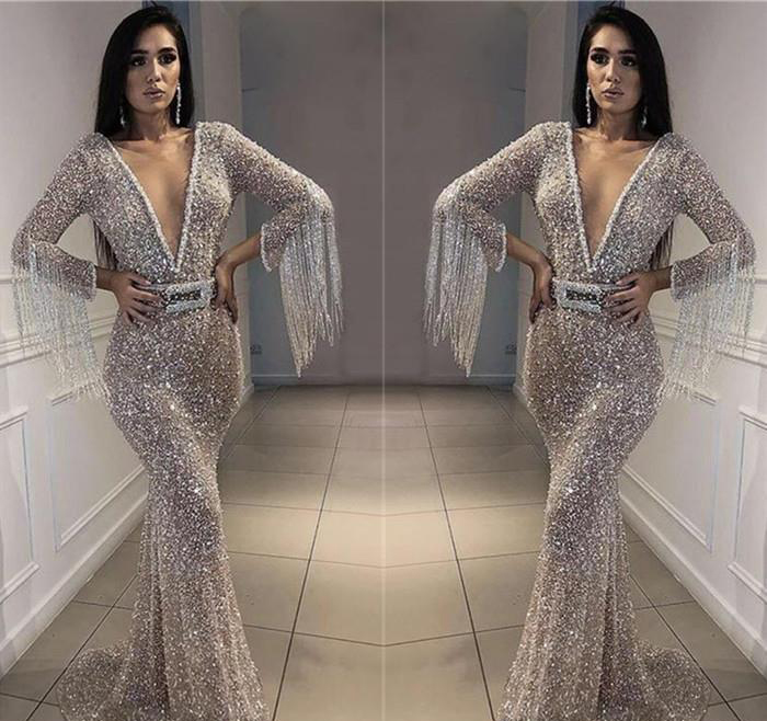 2019 Cheap Silver Sequins Prom Dress Plunging V Neck Long Sleeves Pageant Holidays Graduation Wear Evening Party Gown Custom Made Plus Size