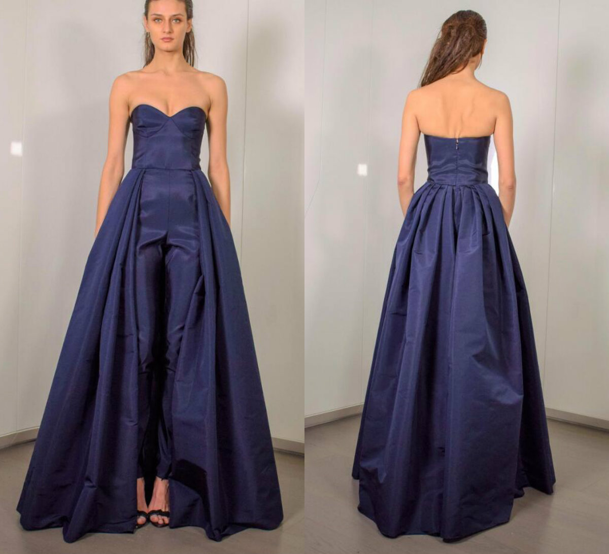2019 Dark Navy Women Jumpsuits With Long Train Prom Dresses New Sweetheart Satin Evening Gowns Formal Party Dress robes de soirée