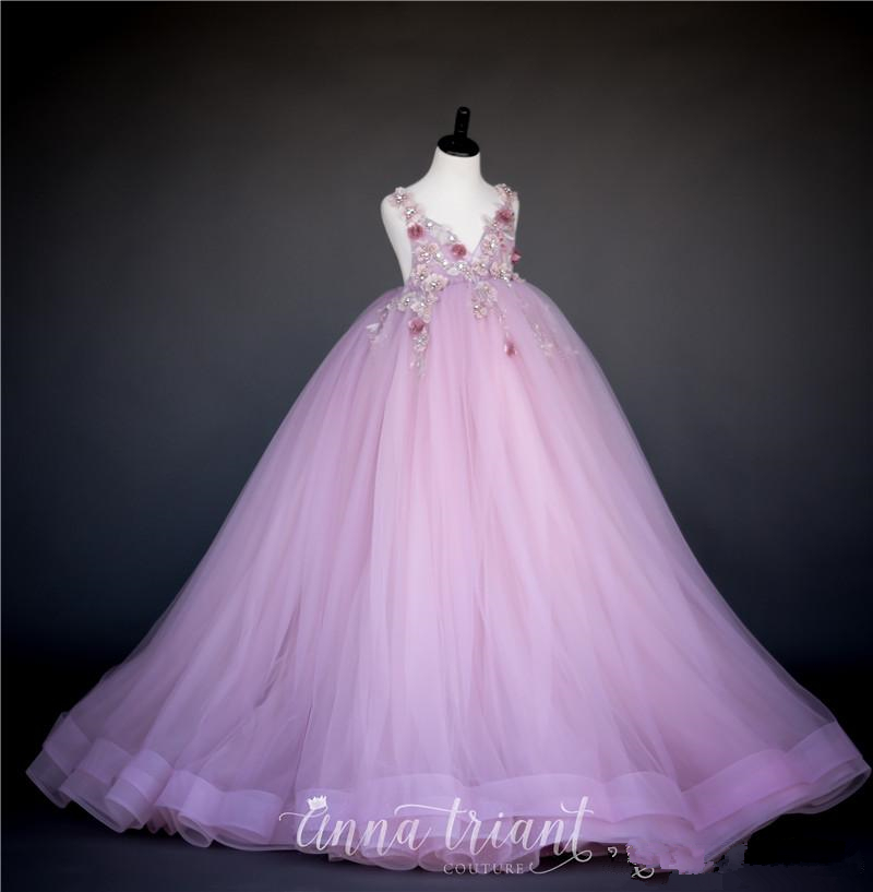 Lavendar Puffy Flower Girls Dresses For Wedding V Neck Lace Beads Backless Princess Kids Pageant Gowns Evening Party Formal Dress