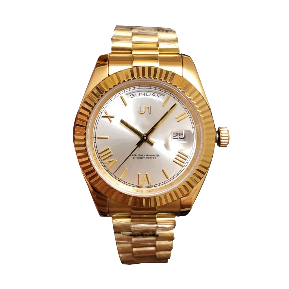 U1 Factory Full Gold Day Date 41MM Silver Roman Dial Big Date 218239 Automatic Mechanical Sapphire Glass President Steel Mens Wristwatches, 16
U1 Factory Full Gold Day Date 41MM Silver Roman Dial Big Date 218239 Automatic Mechanical Sapphire Glass President Steel Mens Wristwatches, 16