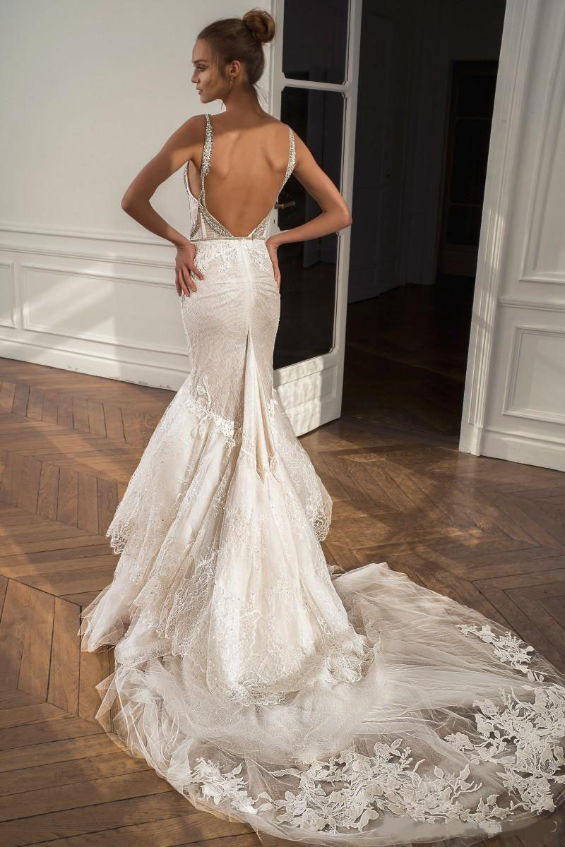 Shiny Sequins Mermaid Wedding Dresses Spaghetti Neck Tiered Ruffles Skirts Bridal Gowns Sleeveless Backless Wedding Dresses