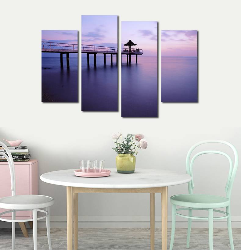 4pcs/set Unframed Purple Seaside and the Bridge Print On Canvas Wall Art Picture For Home and Living Room Decor