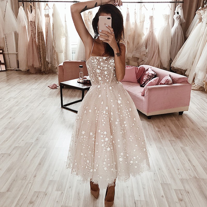 2020 Bling Star Homecoming Dresses With Belt Spaghetti Tea Length A Line Cocktail Party Dress Custom Made Prom Gowns