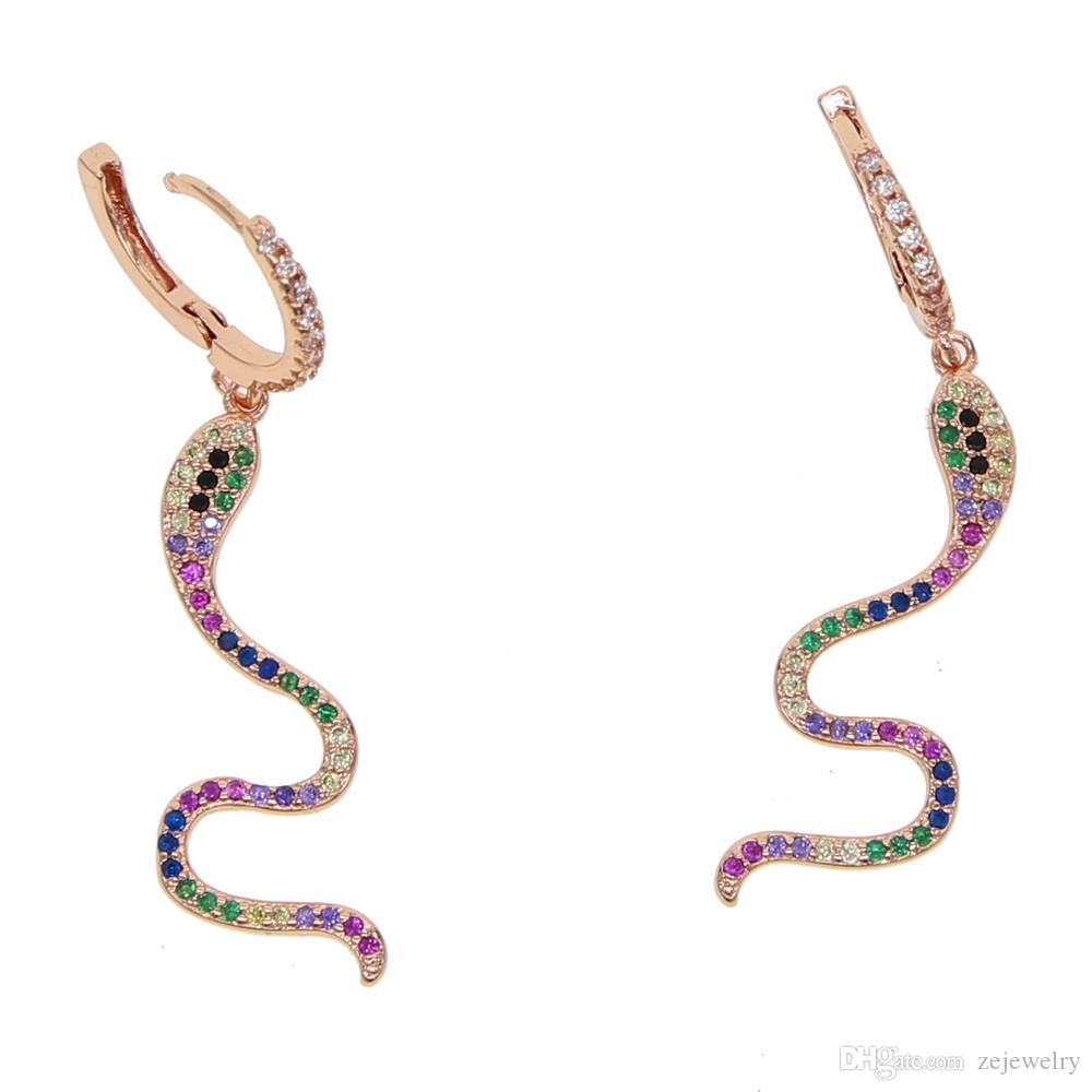 2018 hot fashion delicate rainbow cz wrap dangle snake shape cz bar earring Gold filled mix color CZ charm fashion women jewelry