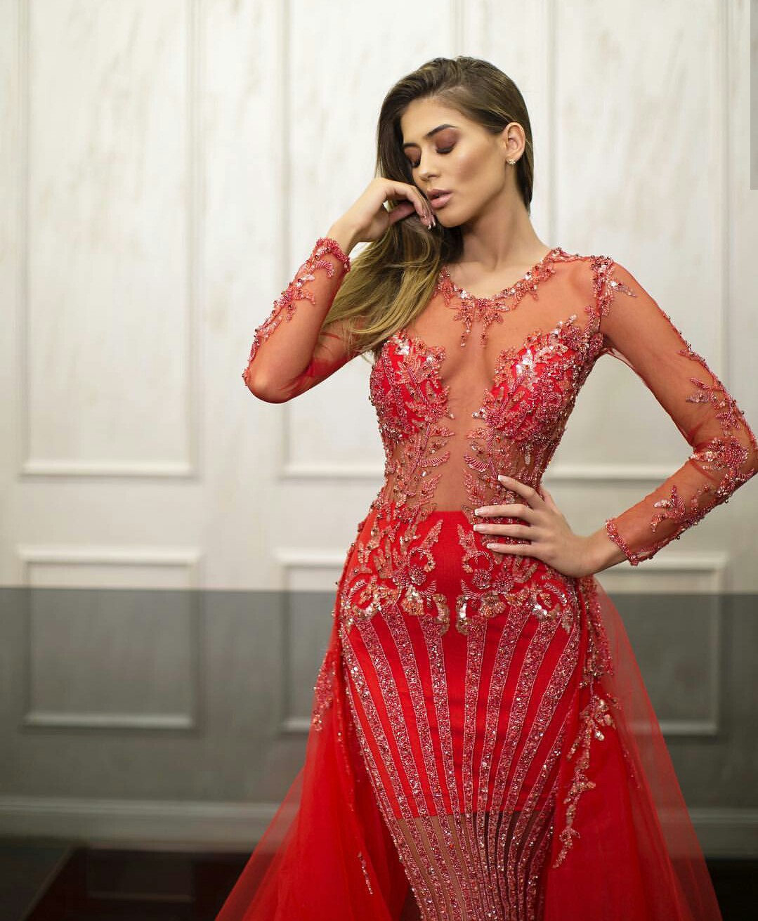 2019 Gorgeous Mermaid Prom Dresses With Detachable Train Jewel Neck Lace Beaded Long Sleeve Evening Gowns Party Wear Quinceanera Wear