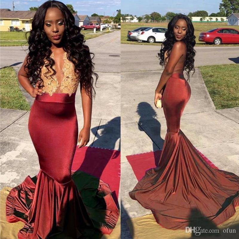 2019 Sexy Burgundy Prom Dresses Long Deep V Neck Sleeveless Gold Lace Applique Black Girl Mermaid Evening Gowns African Cocktail Party Dress