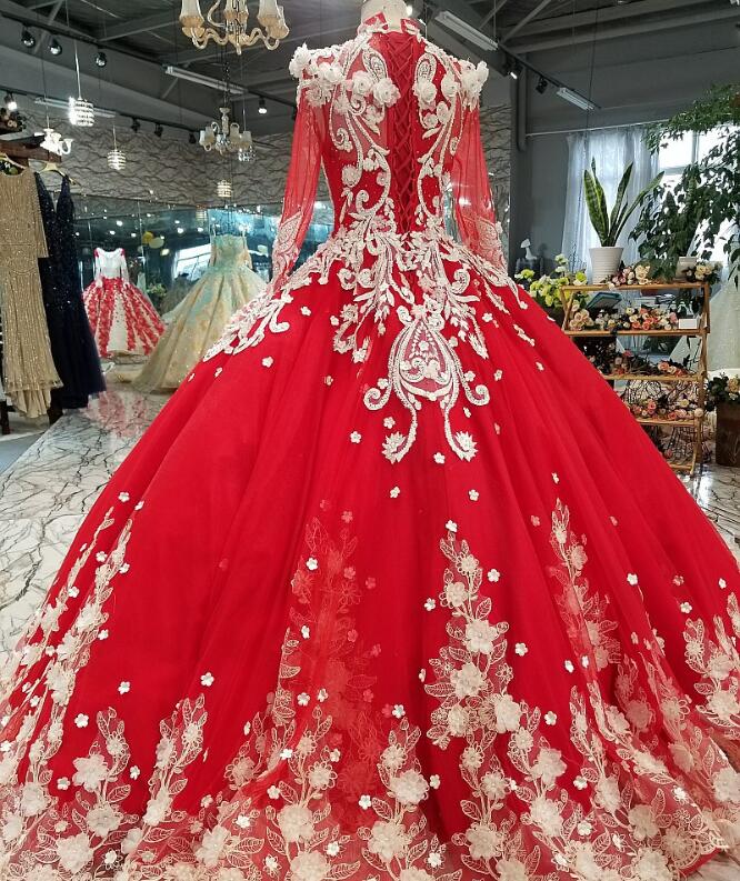 Luxury Red Ball Gown Prom Dresses Muslim High Neck Lace Appliqued Beads Evening Dress Wear Plus Size Abendkleider Formal Party Gowns