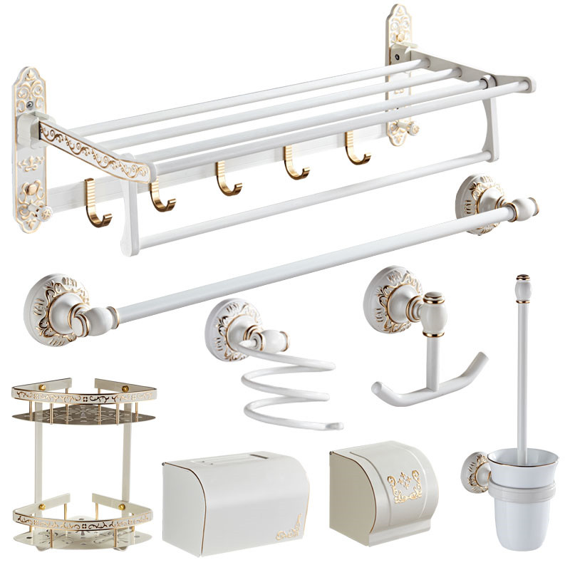 Bathroom Accessories Set Aluminum Carved Foldable Towel Rack Paper holder Toilet Brush Holder White and Gold Bath Hardware Set
Bathroom Accessories Set Aluminum Carved Foldable Towel Rack Paper holder Toilet Brush Holder White and Gold Bath Hardware Set