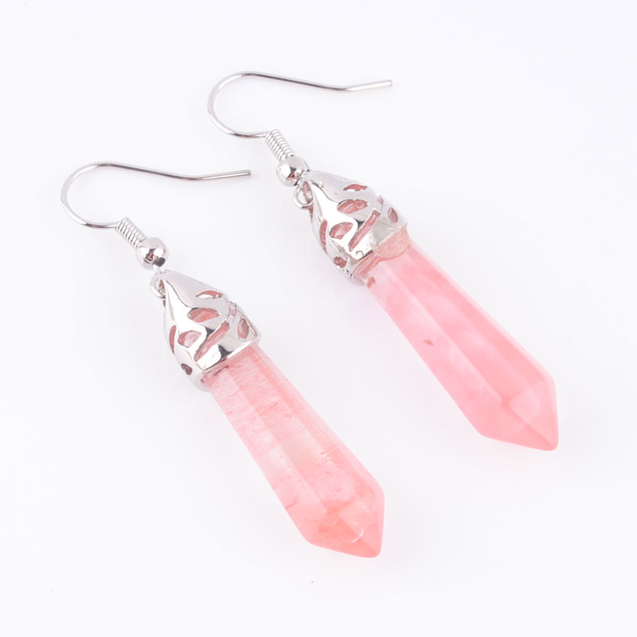 WOJIAER Natural Red Quartz Gem Stone Dangle Earrings Hexagonal Pointed Reiki Chakra Beads For Women Jewelry R3076