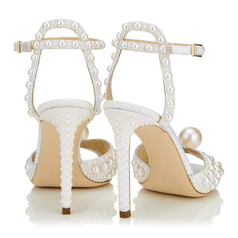 Hot Sale Genuine Leather Peep Toes Shoes Sheep Leather High Heels Pumps Wedding Dress Shoes for Bride Buckle Strap Pearl Sandals
