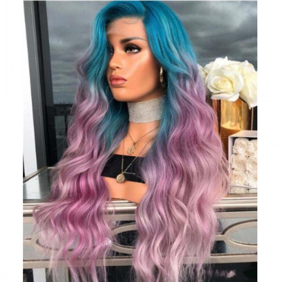 Free shipping New fashion Peruca Cabelo Deep Long Body Wave Hair Wigs celebrity style blue Ombre pink ple Synthetic Lace Front Wig For Women